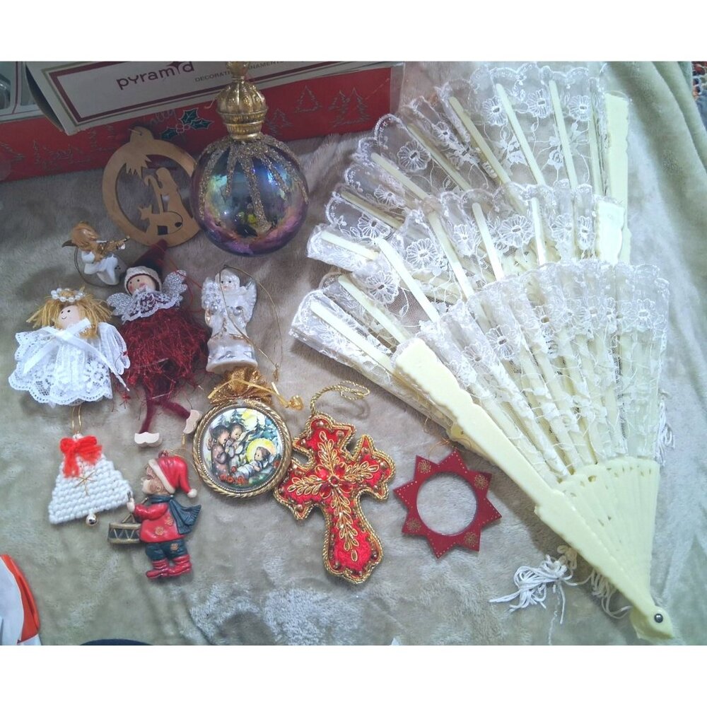 Vintage Christmas Ornament Set Includes Lace Fan Angel Figurines Red Cross Star